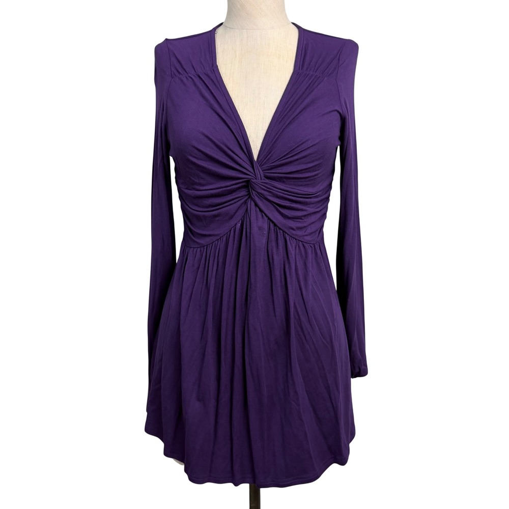 Deep Purple Twist Front V-Neck Empire Waist Long Sleeve Tunic Top Y2K Babydoll